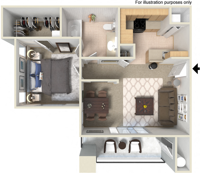 Floor plan for 1 bed, 1 bath, 693 sqft